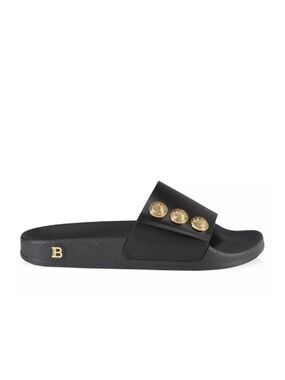 Balmain Black Symi Slide Sandal with Gold Medallions